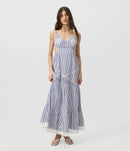 Vestido Evasê em Tricoline Listrado com Bordado Branco - Listrado Azul - frente