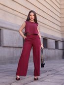 Conjunto Alfaiataria Cropped e Calça Pantalona em Linho - Bordô - frente