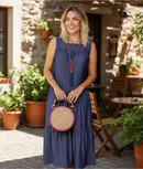 Vestido Longo Aneli com Babado em Linho - Azul Marinho - frente
