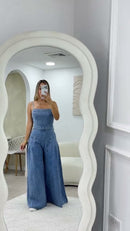 Macacão Jeans Pantalona - Jeans Azul - frente