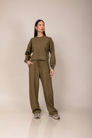 Conjunto Moletom Cropped Wide Leg - Verde - frente