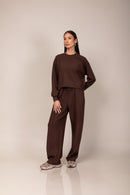 Conjunto Moletom Cropped Wide Leg - Marrom - frente