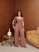 Conjunto Alfaiataria Cropped e Calça Pantalona em Linho - Rosa Antigo - frente