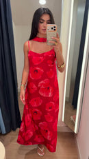 Vestido Longo Estampado Floral com Gola Lenço Vermelho - Vermelho - frente