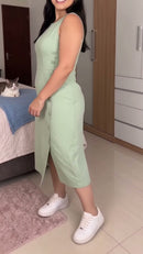 Vestido Midi Linho com Botões - Verde Claro - frente