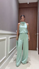 Conjunto Blusa Gola Alta e Calça Pantalona Acetinado Verde Menta - Verde Menta - frente