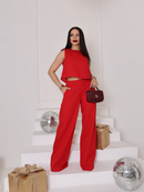 Conjunto Alfaiataria Cropped e Calça Pantalona em Linho - Vermelho - frente