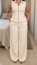 Conjunto Colete com Zíper e Pantalona - Off White - frente