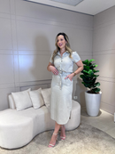 Conjunto Listrado em Linho - Off White - frente
