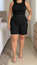 Bermuda Bengaline Cintura Alta com Cinto - Preto - frente