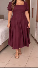 Vestido Midi Manga Bufante Decote Quadrado - Vinho - frente