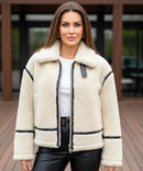 Jaqueta Feminina de Inverno com Forro Peluciado Detalhe em Couro Angelina - Off White - frente