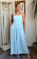 Vestido Sofia em Linho Lavado - Azul Claro - frente