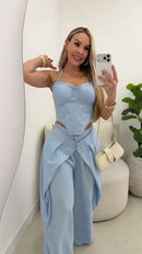 Conjunto Corset e Calça Pantalona com Sobreposição - Azul Claro - frente