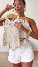 Cropped Crochê Gola Alta - Bege - frente