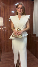 Conjunto Blusa Peplum com Fivela Dourada e Saia Longa com Fenda Off White - Off White - frente