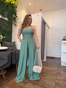 Macacão Pantalona Antonela em Linho com Bojo - Verde Água - frente