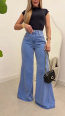 Calça Jeans Wide Leg Cintura Alta - Jeans Claro - frente