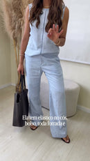 Conjunto Regata e Calça 100% Linho Azul Claro - Azul Claro - frente