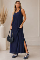 Vestido Longo Regata Donatela em Viscolinho - Azul Marinho - frente