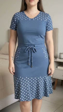 Vestido Poá Babado e Bolsos - Azul - frente