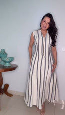 Vestido Longo Listrado com Zíper no Decote Off White - Off White - frente