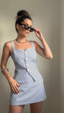 Shortsaia Listrado com Blusa Colete - Azul Listrado - frente