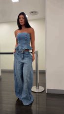 Conjunto Tomara que Caia Peplum e Calça Wide Leg Jeans - Azul Jeans - frente