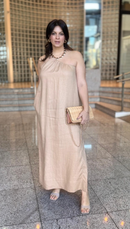 Vestido Midi Um Ombro Só em Linho - Dourado - frente
