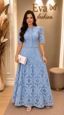 Vestido Longo em Renda Manga Bufante Azul Claro - Azul Claro - frente
