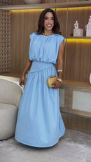 Vestido Longo Cintura Marcada Poliamida - Azul Claro - frente