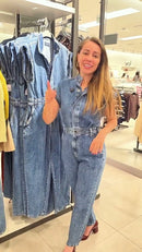 Macacão Jeans Manga Curta - Jeans Azul - frente