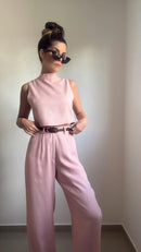 Conjunto 100% Liocel Cropped e Calça Pantalona - Rosa - frente