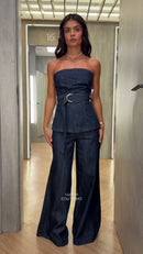 Conjunto Tomara que Caia com Cinto e Calça Pantalona Jeans Escuro - Azul Jeans Escuro - frente