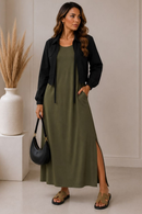 Vestido Longo Regata Donatela em Viscolinho - Verde Militar - frente