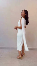 Vestido Midi com Capa Drapeada e Fenda - Branco - frente