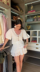 Conjunto Blusa Manga Bufante e Saia Babados Laise Off White - Off White - frente