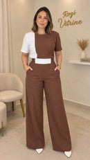 Conjunto Calça Pantalona e Blusa Bicolor - Marrom - frente