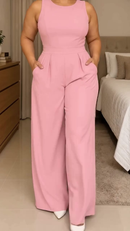 Macacão Longo Acinturado com Bolso - Rosa - frente