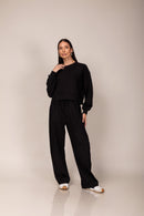 Conjunto Moletom Cropped Wide Leg - Preto - frente