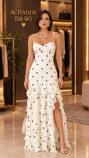 Vestido Longo Poá com Babados e Fenda - Branco Poá - frente