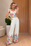 Conjunto Corset Amarração em Linho Bordado - Estampado Floral - frente