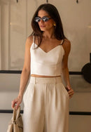 Conjunto Monocromático Calça Alfaiataria e Cropped - Areia - frente