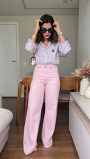 Conjunto Camisa Listrada e Calça Wide Leg Rosa Claro - Rosa Claro - frente