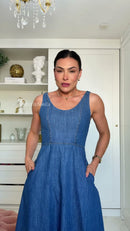 Vestido Longo Jeans Alças 100% Algodão - Azul Jeans - frente