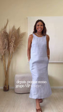Vestido Longo Listrado Alças Largas 100% Linho Azul Claro - Azul Claro - frente