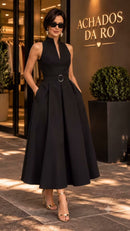 Vestido Midi Gola Alta com Cinto e Bolsos Preto - Preto - frente
