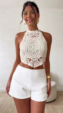 Cropped Crochê Gola Alta - Branco - frente