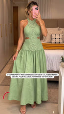 Vestido Longo Renda com Recortes - Verde - frente