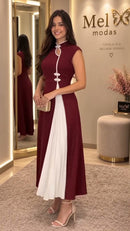 Vestido Midi Gola Cheongsam Bicolor - Vinho - frente